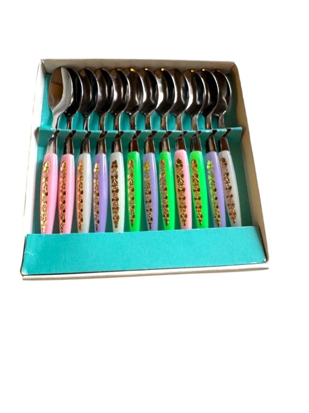 Vintage Japan 12 Pc Pastel Floral Spoon Set w/ Box
